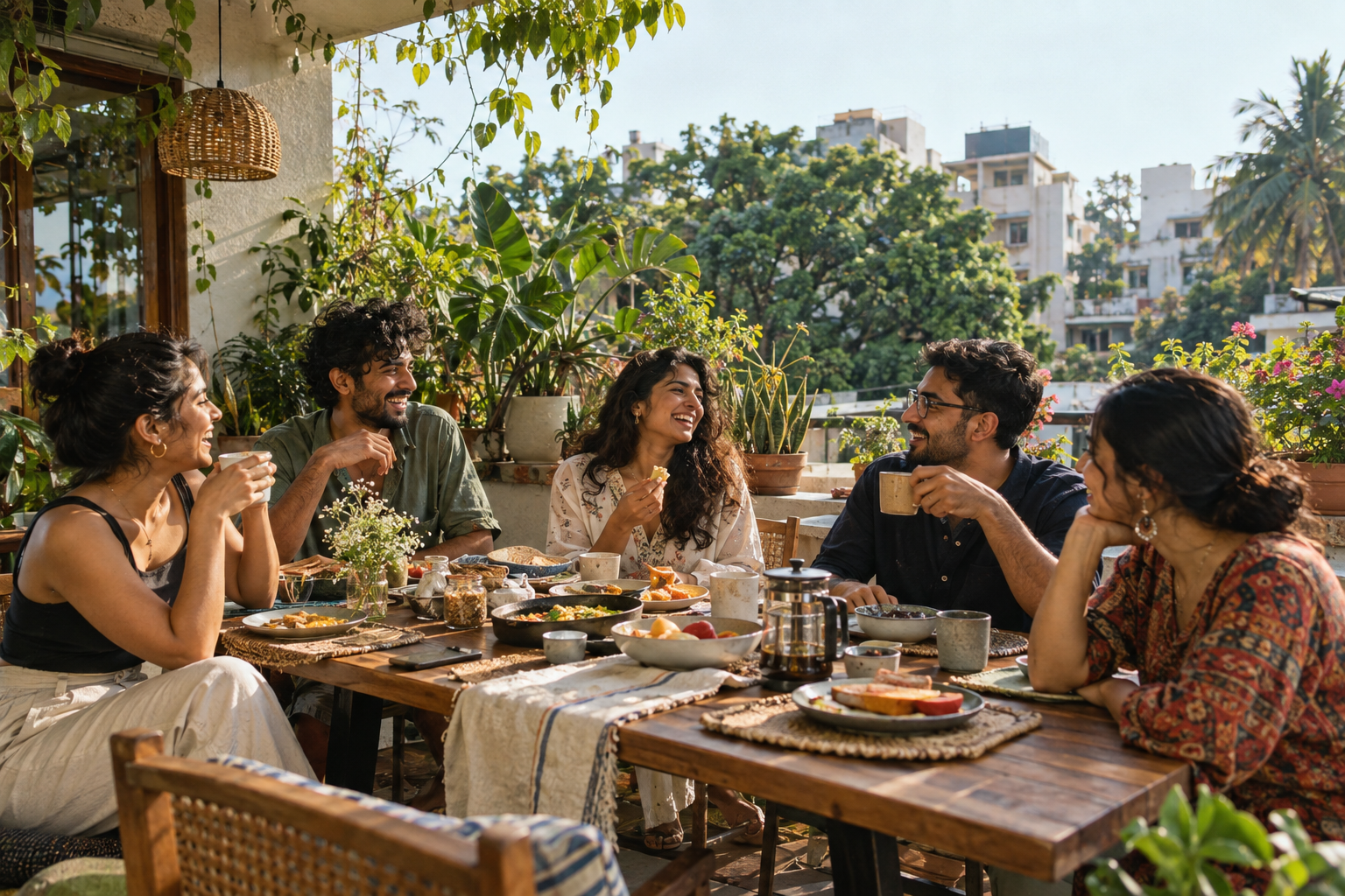 Friends sharing breakfast on a leafy Bangalore terrace